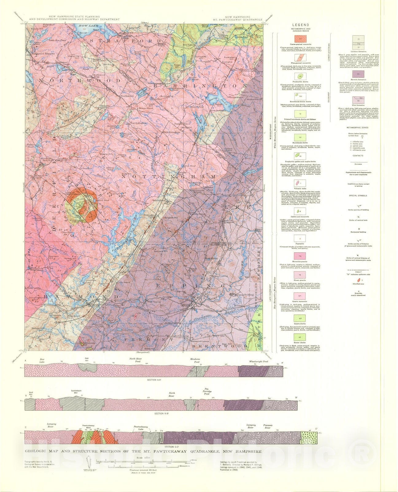 Map : Geology of the Mt. Pawtuckaway quadrangle, New Hampshire, 1950 Cartography Wall Art :