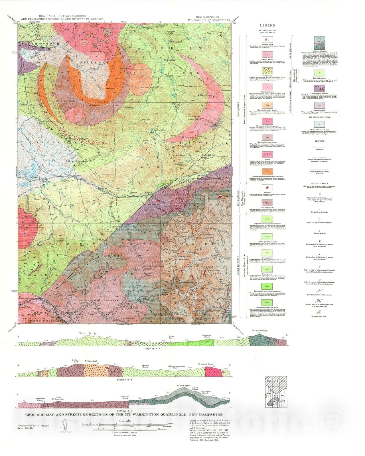 Map : The geology of the Mt. Washington quadrangle, New Hampshire, 1946 Cartography Wall Art :
