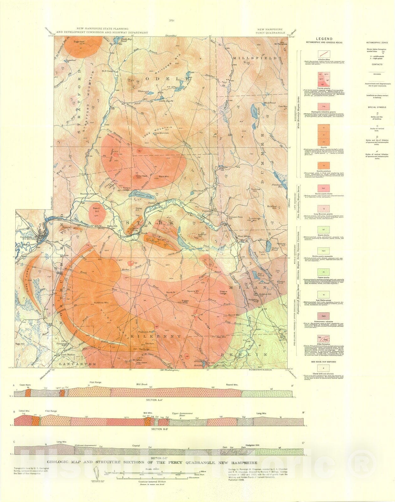 Map : The geology of the Percy quadrangle, New Hampshire, 1949 Cartography Wall Art :