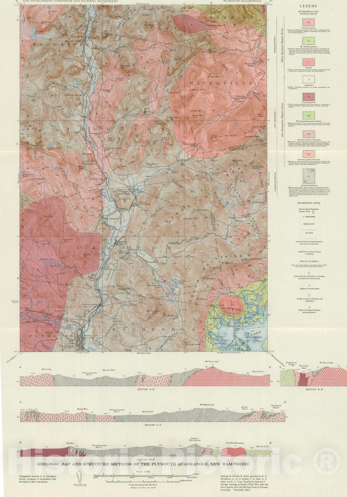 Map : The geology of the Plymouth quadrangle, New Hampshire, 1946 Cartography Wall Art :