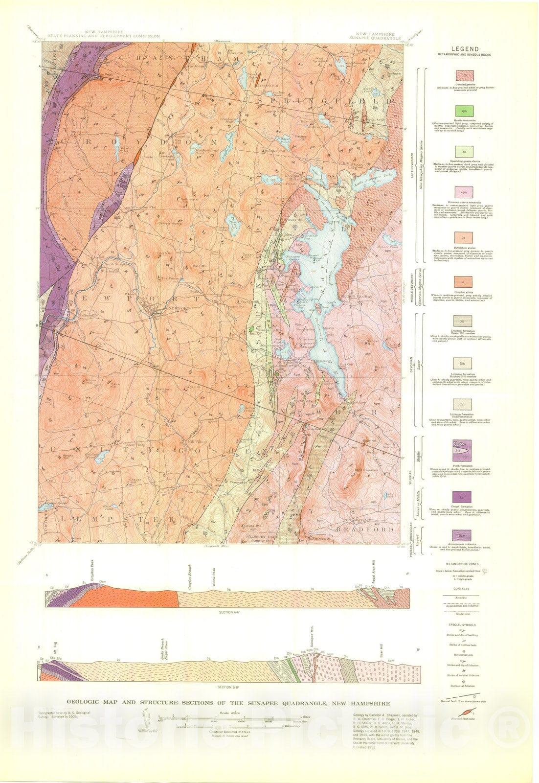 Map : Geology of the Sunapee quadrangle, New Hampshire, 1953 Cartography Wall Art :