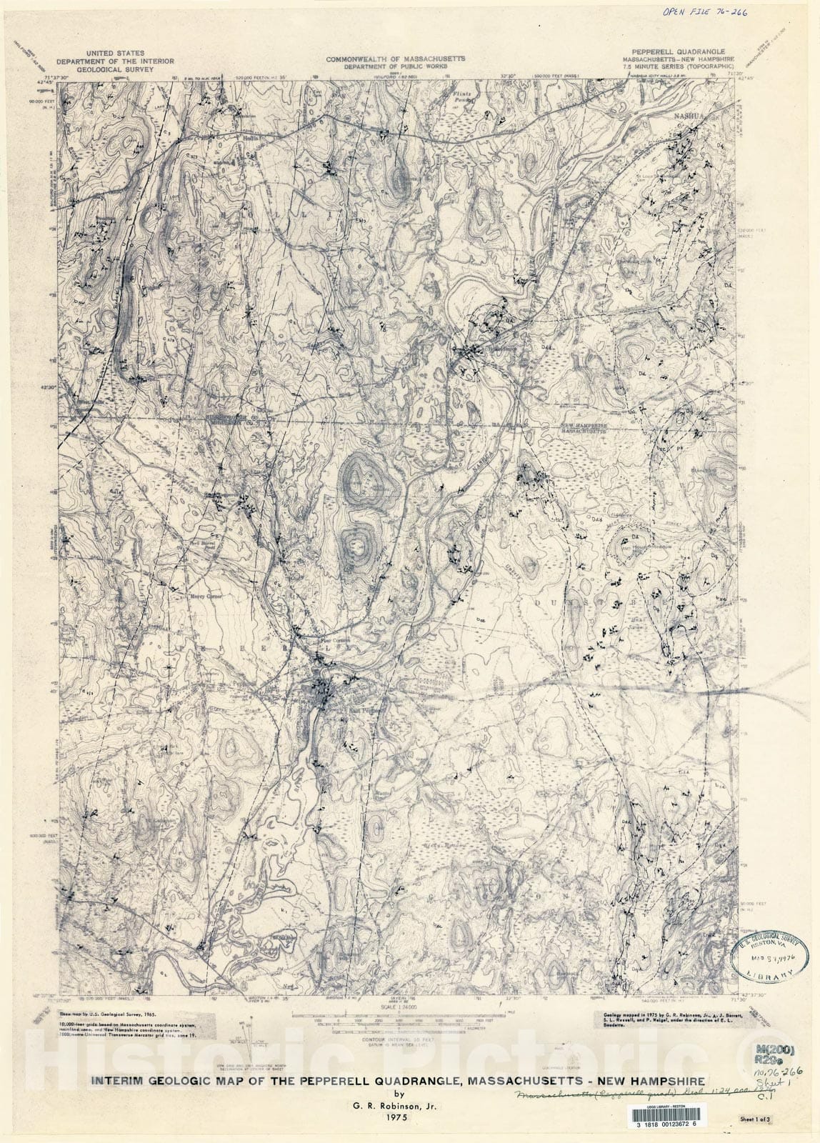 Map : Interim geologic map of the Pepperell quadrangle, Massachusetts - New Hampshire, 1975 Cartography Wall Art :