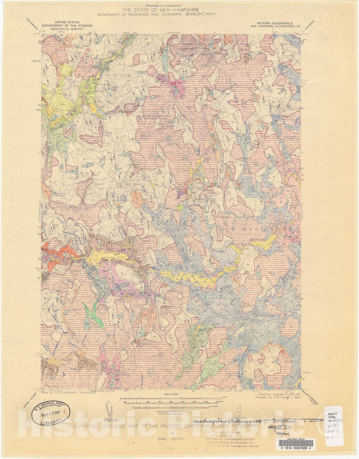 Map : Surficial geologic map of the Milford quadrangle, New Hampshire, 1967 Cartography Wall Art :