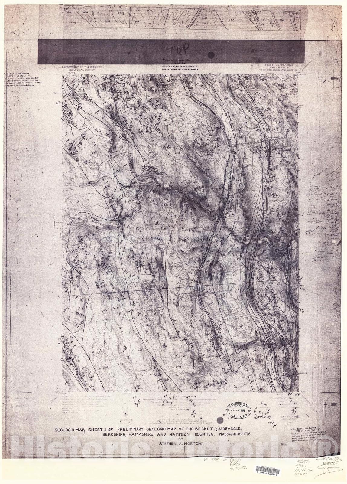 Map : Preliminary geologic map of the Becket quadrangle, Berkshire, Hampshire and the Hampden Counties, Massachusetts, 1974 Cartography Wall Art :