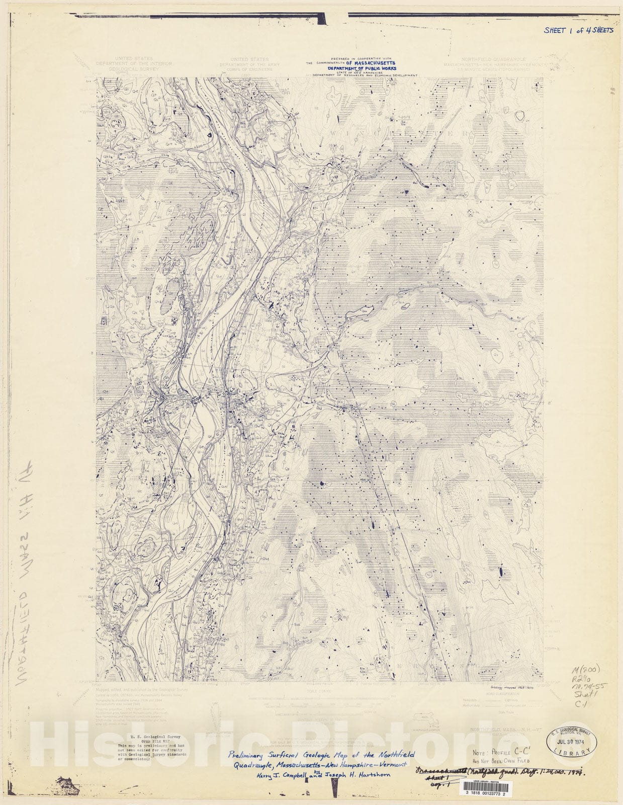 Map : Preliminary surficial geologic map of the Northfield quadrangle, Massachusetts, New Hampshire, and Vermont, 1974 Cartography Wall Art :