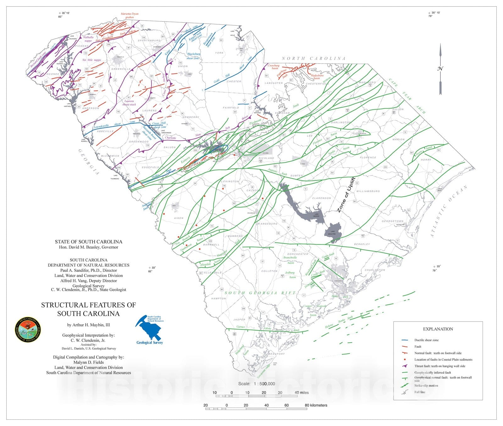 Map : Structural features map of South Carolina, 1998 Cartography Wall Art :