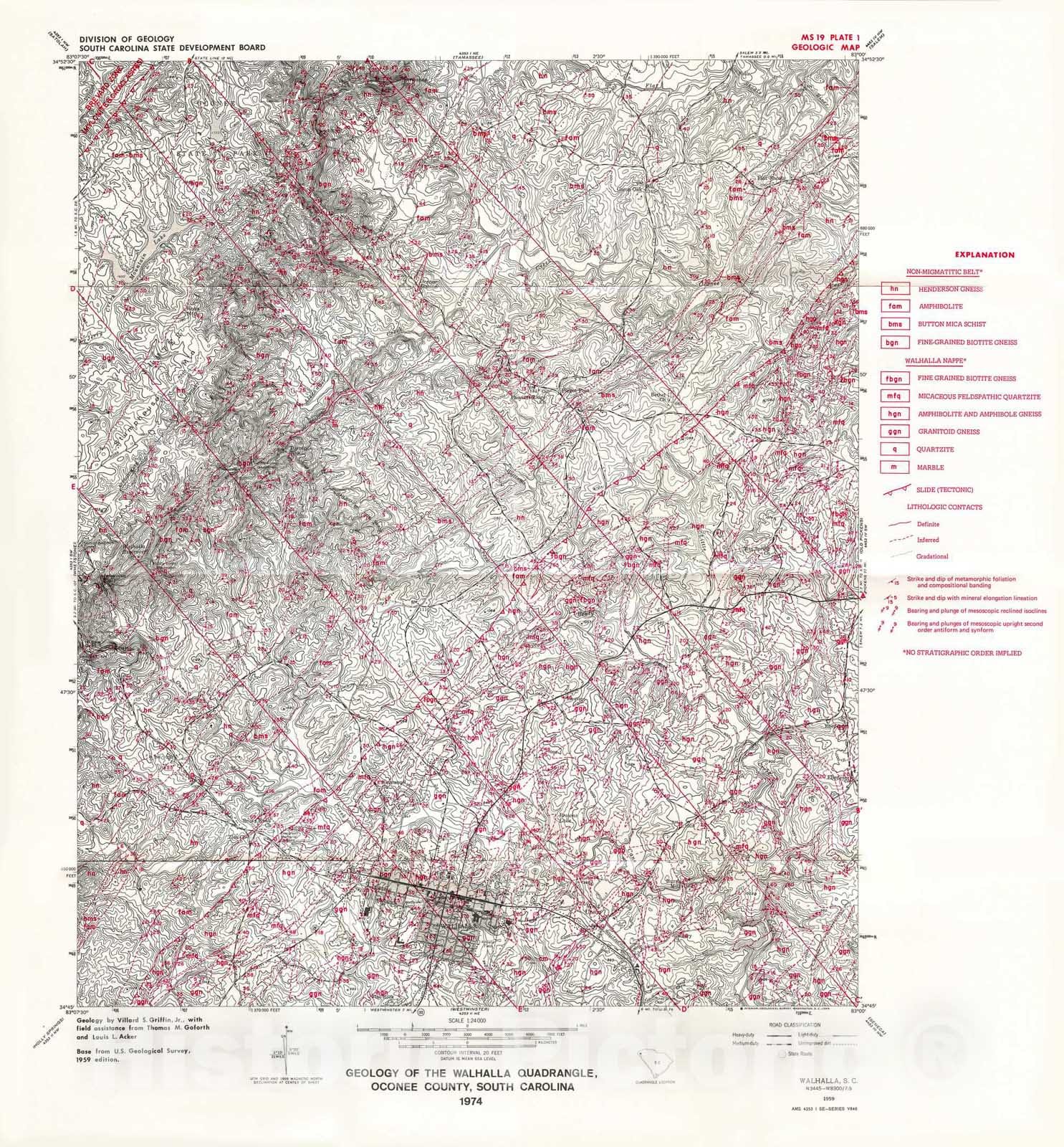 Map : Geology of the Walhalla quadrangle, Oconee County, South Carolina [map and text], 1974 Cartography Wall Art :
