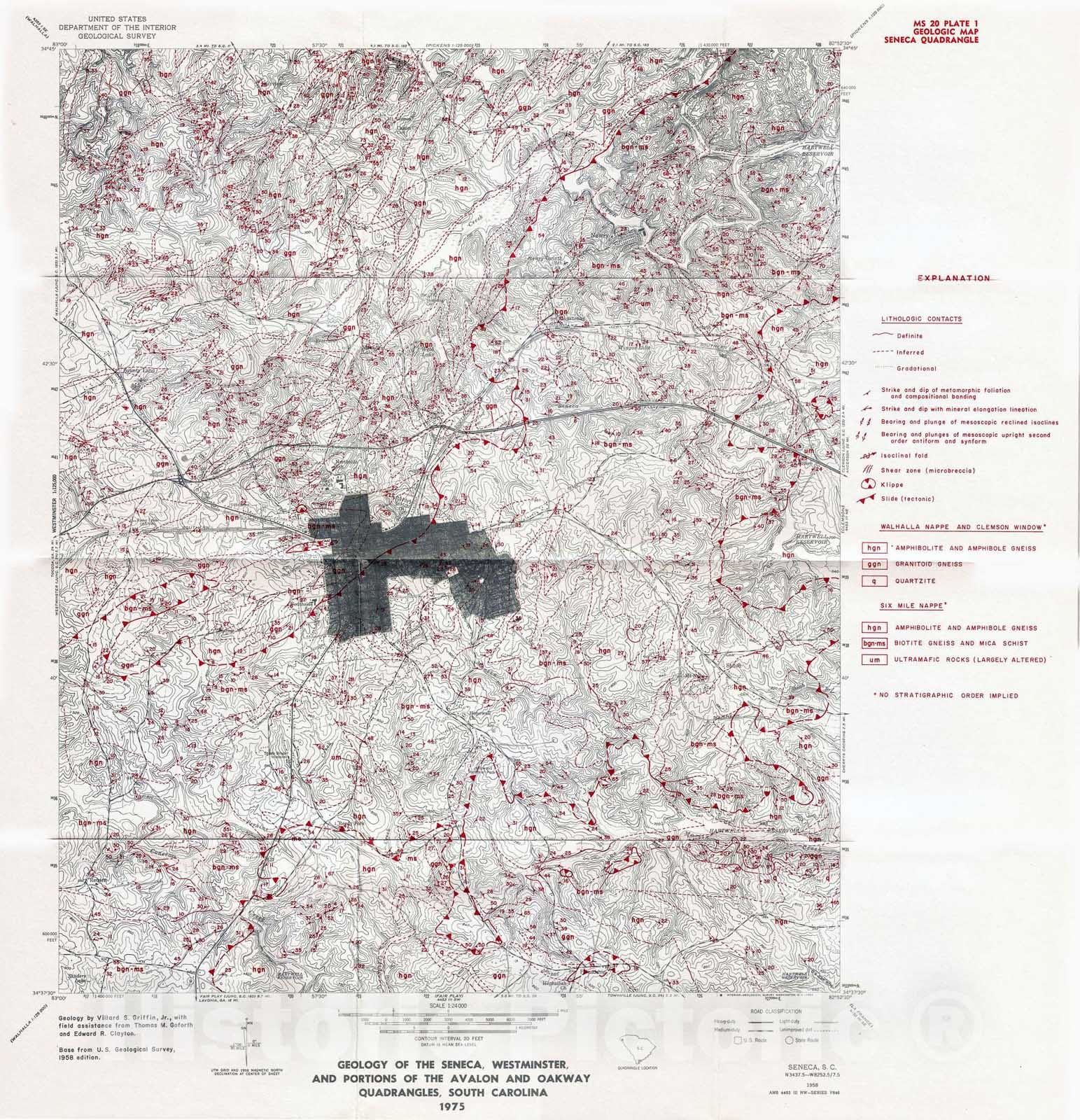 Map : Geology of the Seneca, Westminster and portions of the Avalon and Oakway quadrangles, South Carolina (maps and text), 1975 Cartography Wall Art :