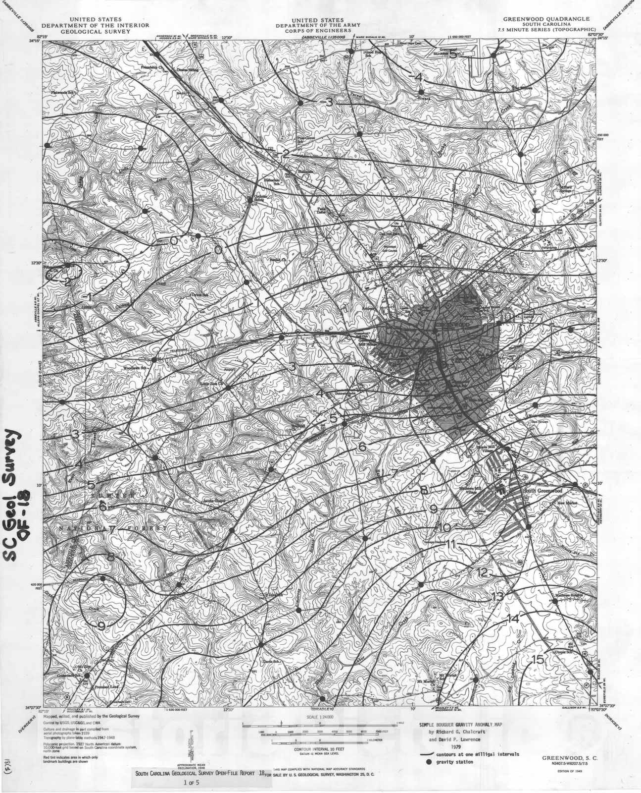 Map : Simple Bouguer anomaly maps of the Greenwood, Good Hope, Kirksey and Ninety-Six quadrangles and preliminary geologic map, 1979 Cartography Wall Art :
