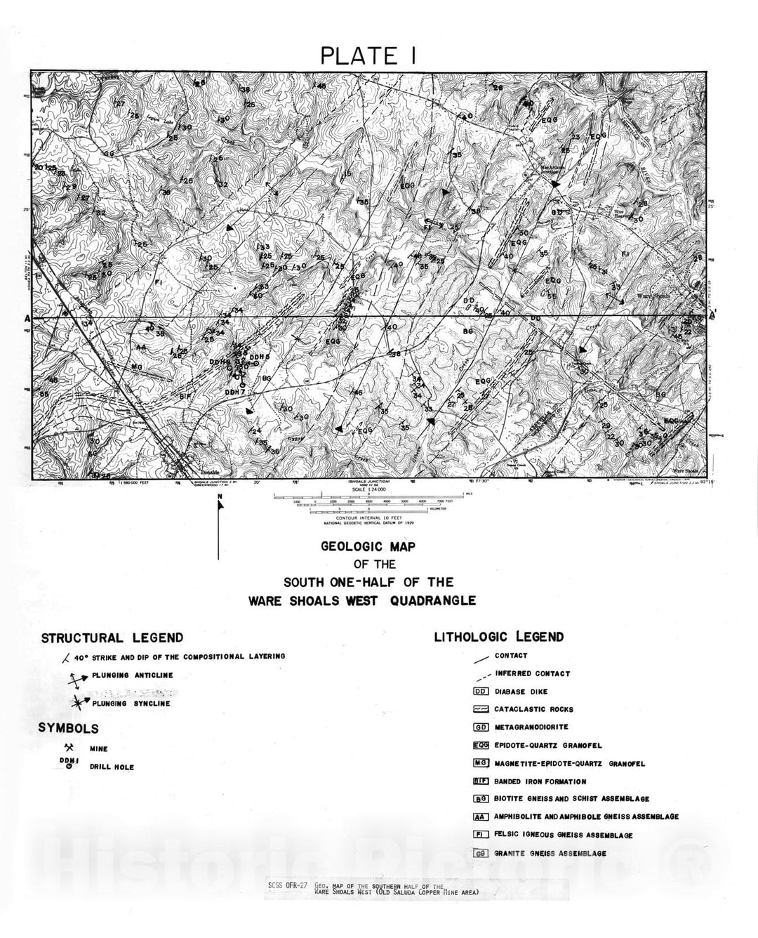 Map : Geologic map of the southern half of the Ware Shoals West quadrangle (Old Saluda copper mine area), 1983 Cartography Wall Art :