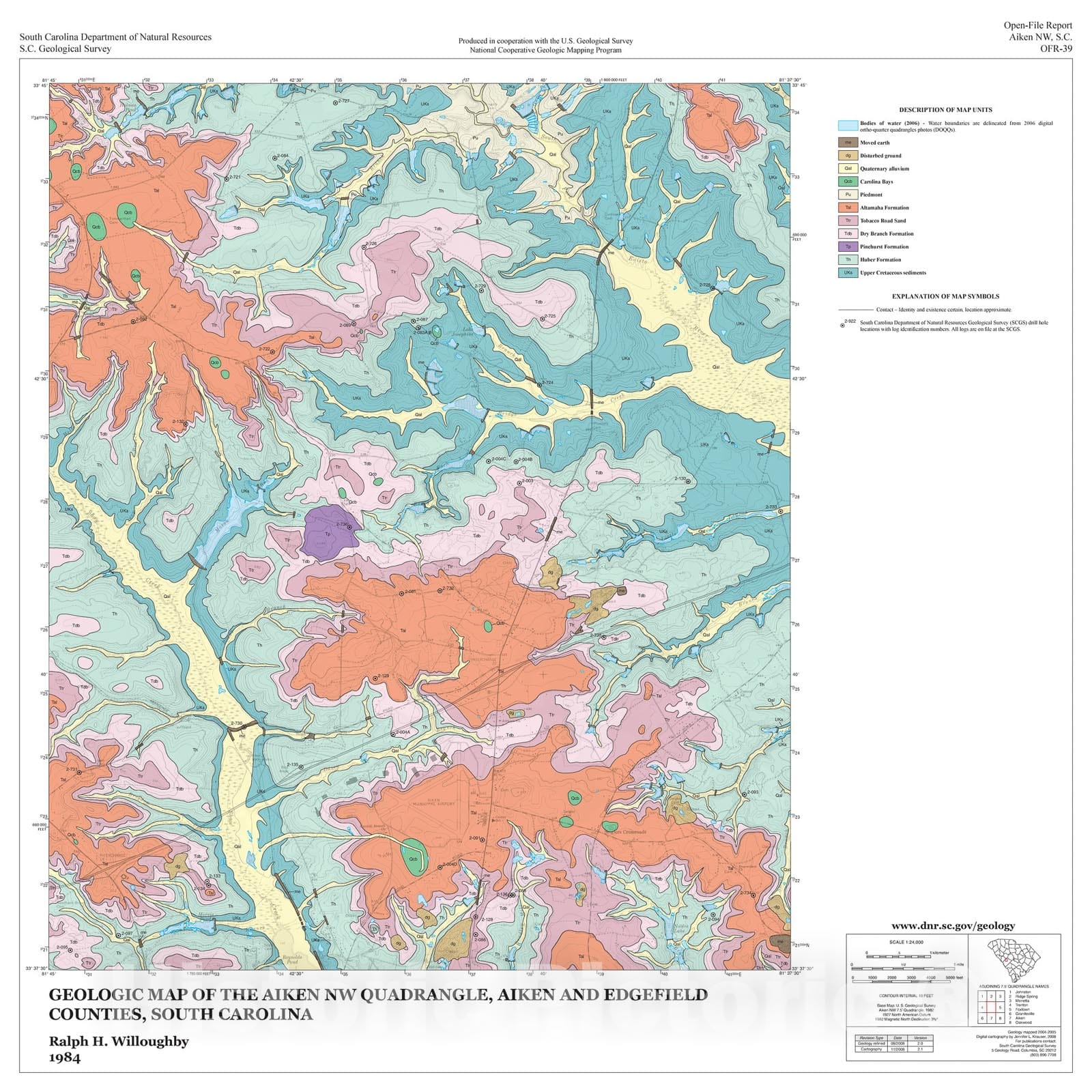 Map : Geologic map of the Aiken NW quadrangle, Aiken and Edgefield Counties, South Carolina, 1984 Cartography Wall Art :