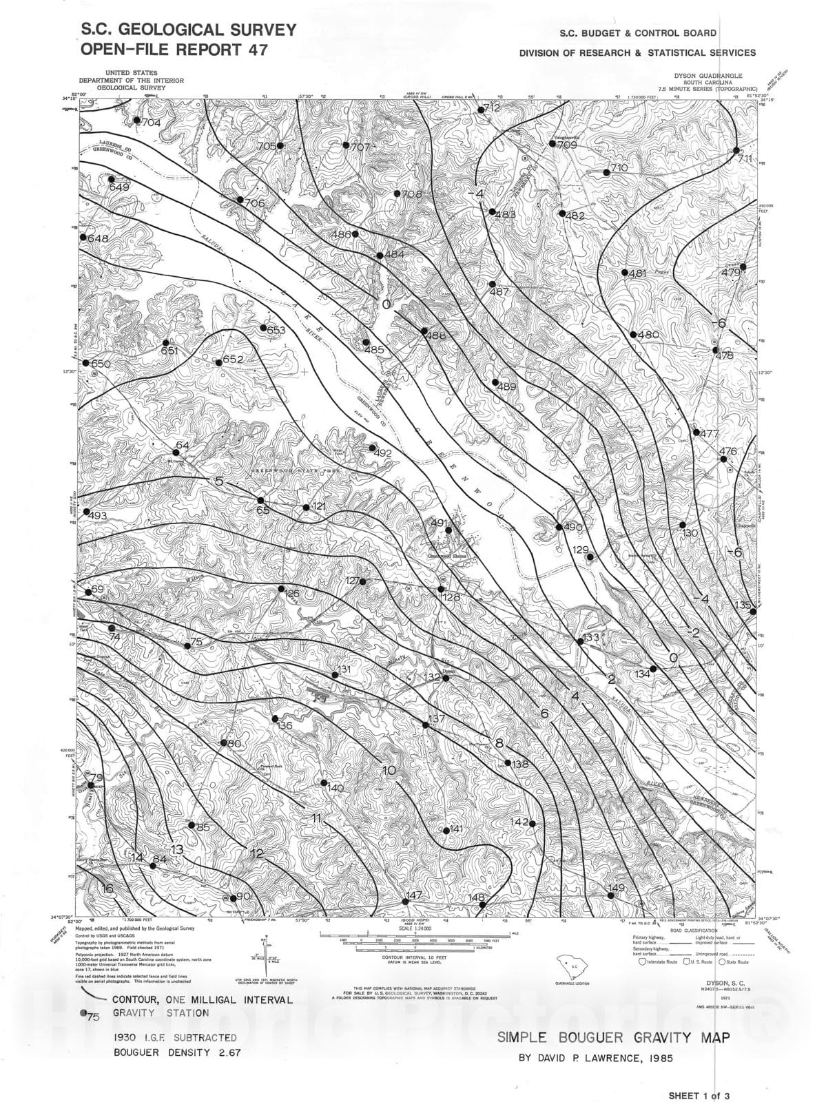 Map : Bouguer gravity maps (1 milligal contour interval) of the Dyson, Shoals Junction and Abbeville East quadrangles. Maps and gravity station data, 1985 Cartography Wall Art :