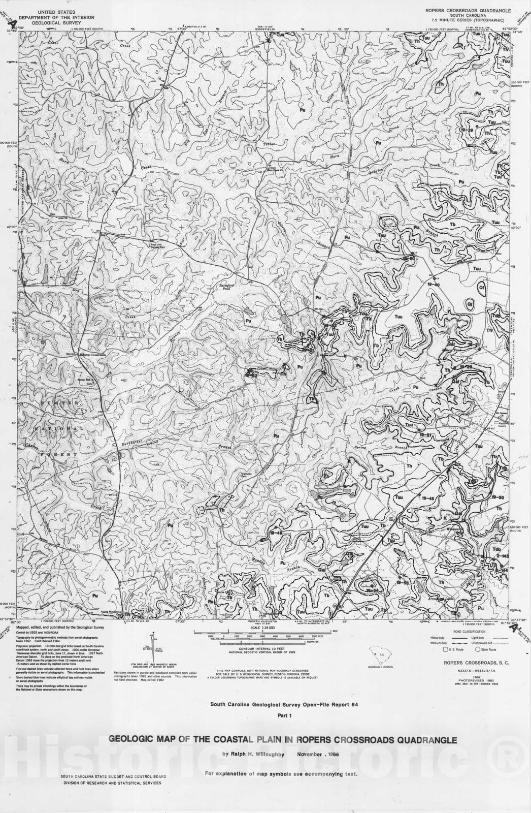 Map : Geology of the Coastal Plain in Ropers Crossroads and North Augusta quadrangles, S.C. Two maps, cross sections and explanation, 1986 Cartography Wall Art :