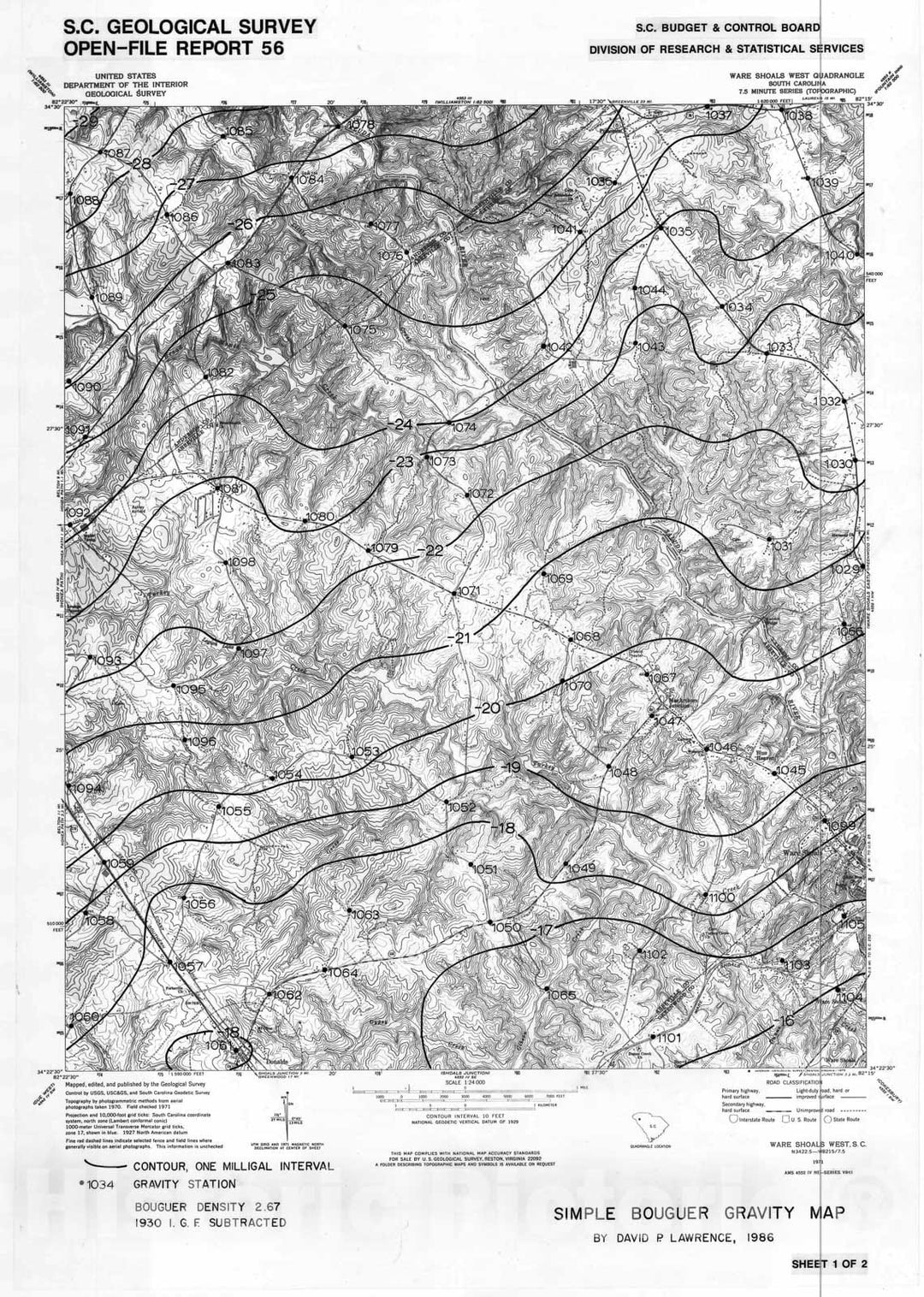 Map : Bouguer gravity maps of Ware Shoals East and Ware Shoals West 7.5 minute quadrangles, 1986 Cartography Wall Art :