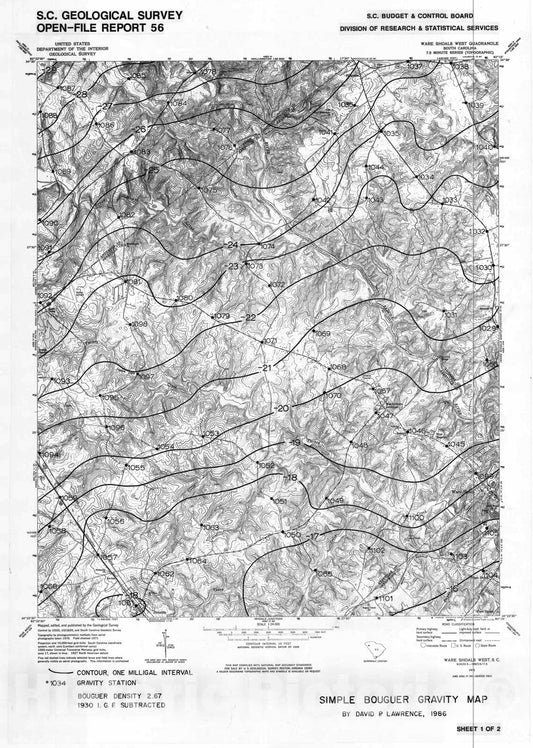 Map : Bouguer gravity maps of Ware Shoals East and Ware Shoals West 7.5 minute quadrangles, 1986 Cartography Wall Art :
