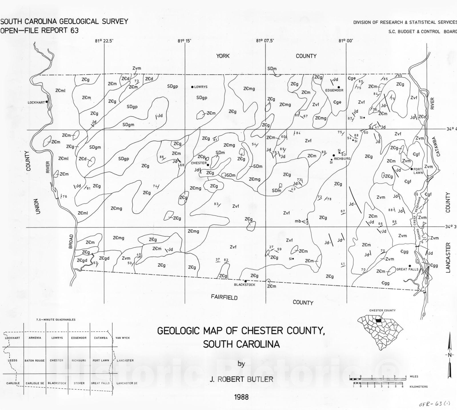 Map : Geologic map of Chester County, South Carolina, 1988 Cartography Wall Art :