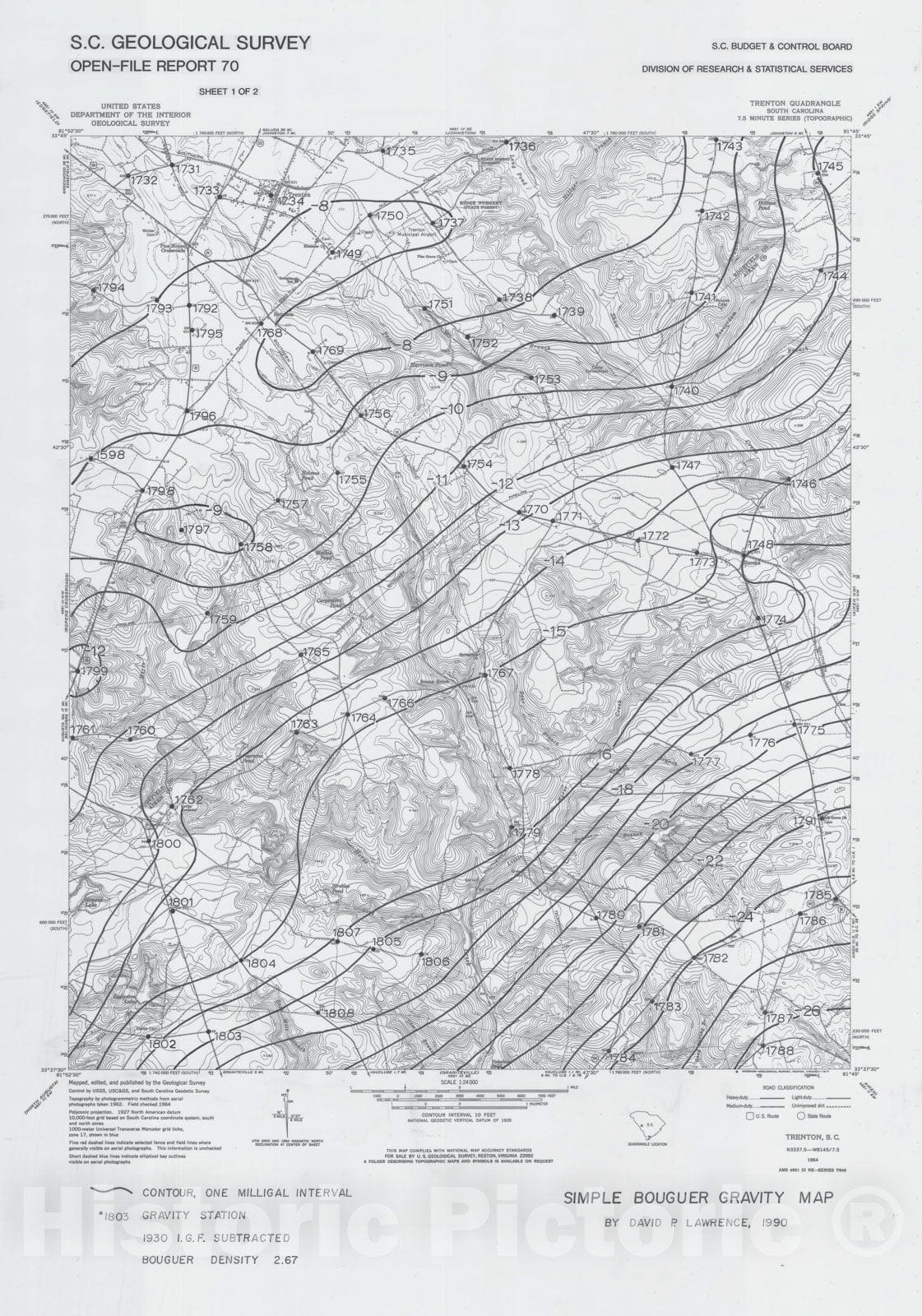 Map : Bouguer gravity maps of the Graniteville and Trenton 7.5-minute quadrangles and gravity station data, 1992 Cartography Wall Art :