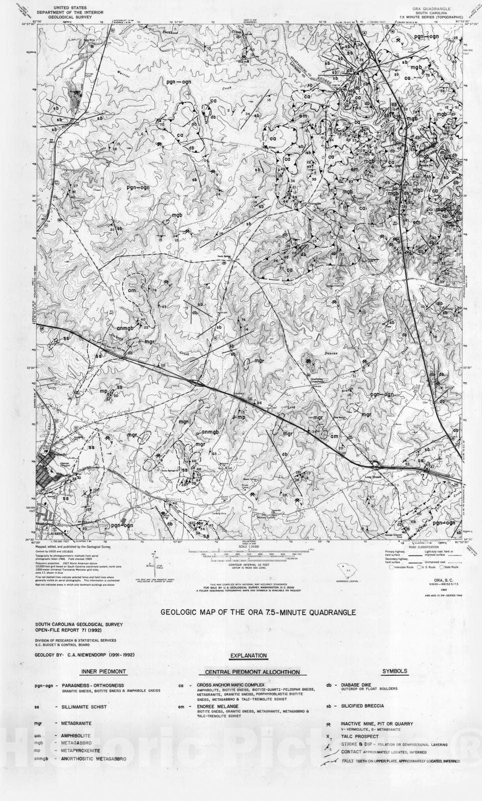 Map : Geologic map of the Ora 7.5-minute quadrangle, South Carolina, 1992 Cartography Wall Art :
