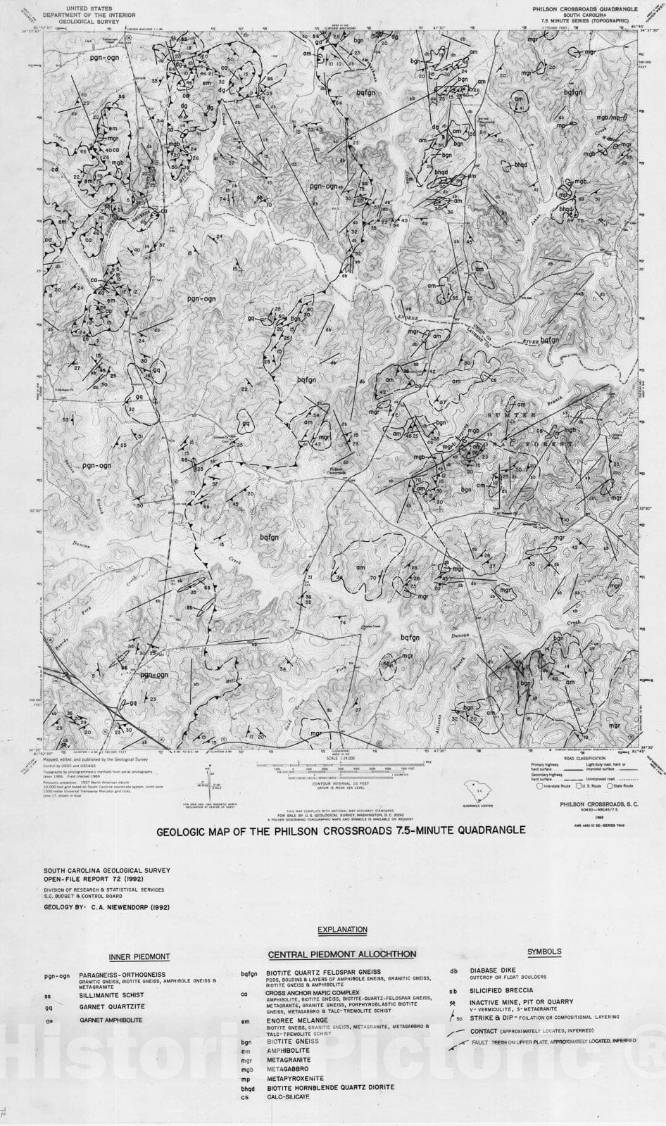 Map : Geologic map of the Philson Crossroads 7.5-minute quadrangle, South Carolina, 1992 Cartography Wall Art :