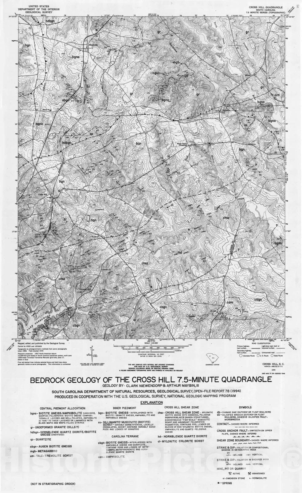Map : Bedrock geology of the Cross Hill 7.5-minute quadrangle, South Carolina, 1994 Cartography Wall Art :