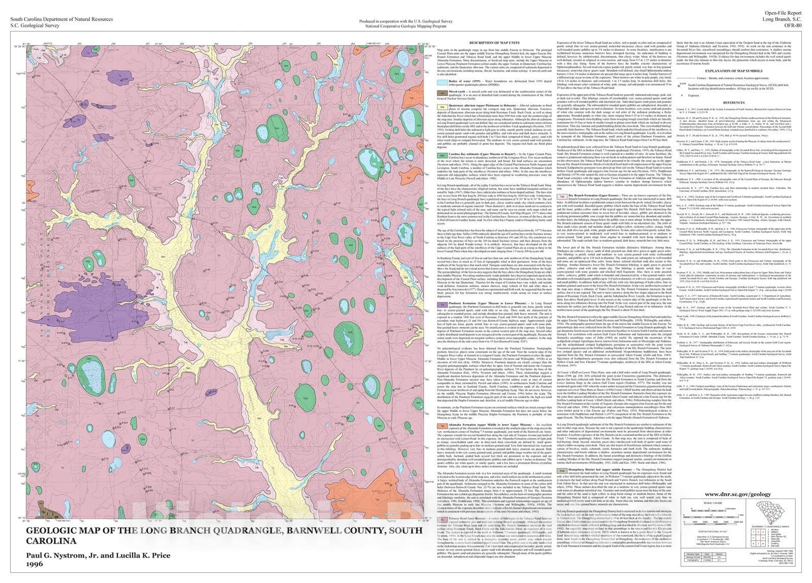 Map : Geologic map of the Long Branch quadrangle, Barnwell County, South Carolina, 1996 Cartography Wall Art :