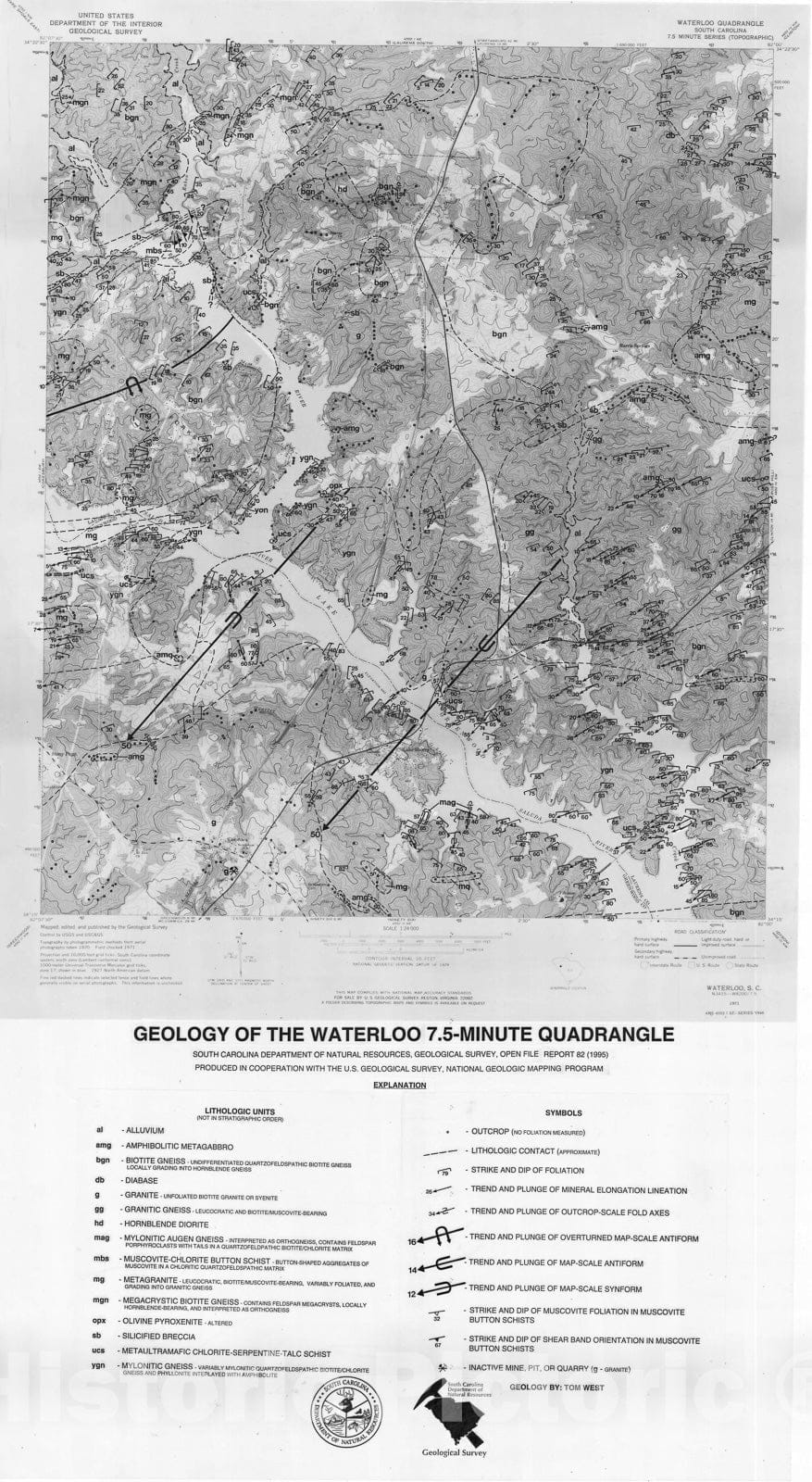 Map : Geology of the Waterloo 7.5-minute quadrangle, South Carolina, 1995 Cartography Wall Art :