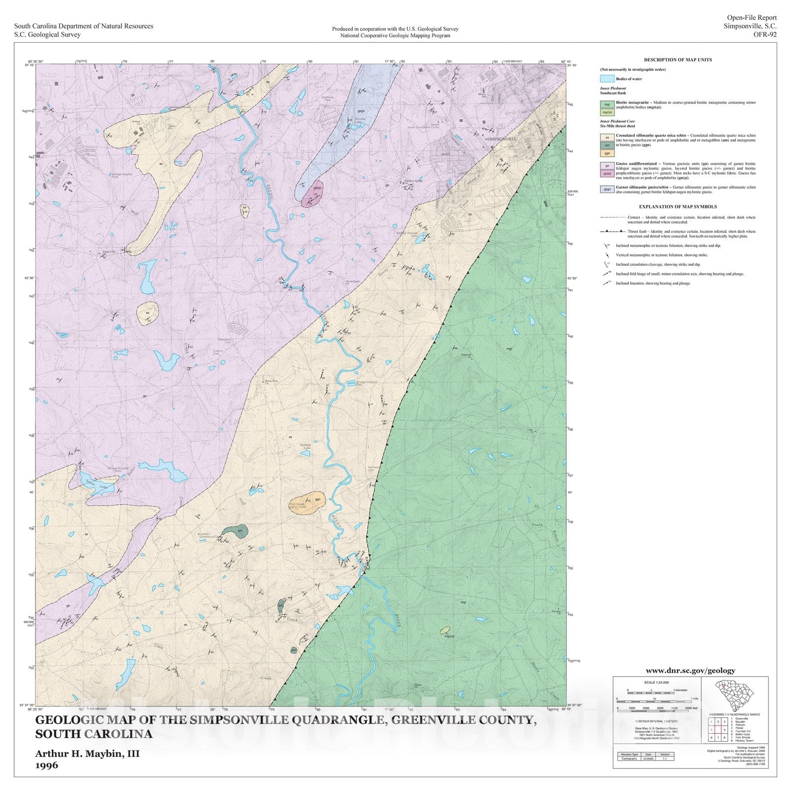 Map : Geologic map of the Simpsonville quadrangle, Greenville County, South Carolina, 1996 Cartography Wall Art :