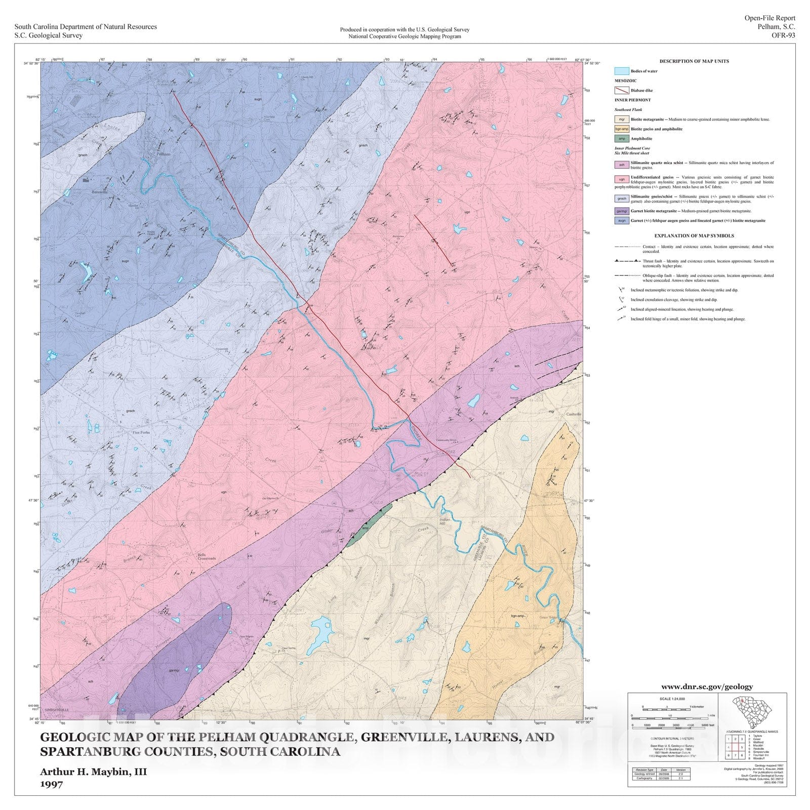 Map : Geologic map of the Pelham quadrangle, Greenville, Laurens, and Spartanburg Counties, South Carolina, 1997 Cartography Wall Art :