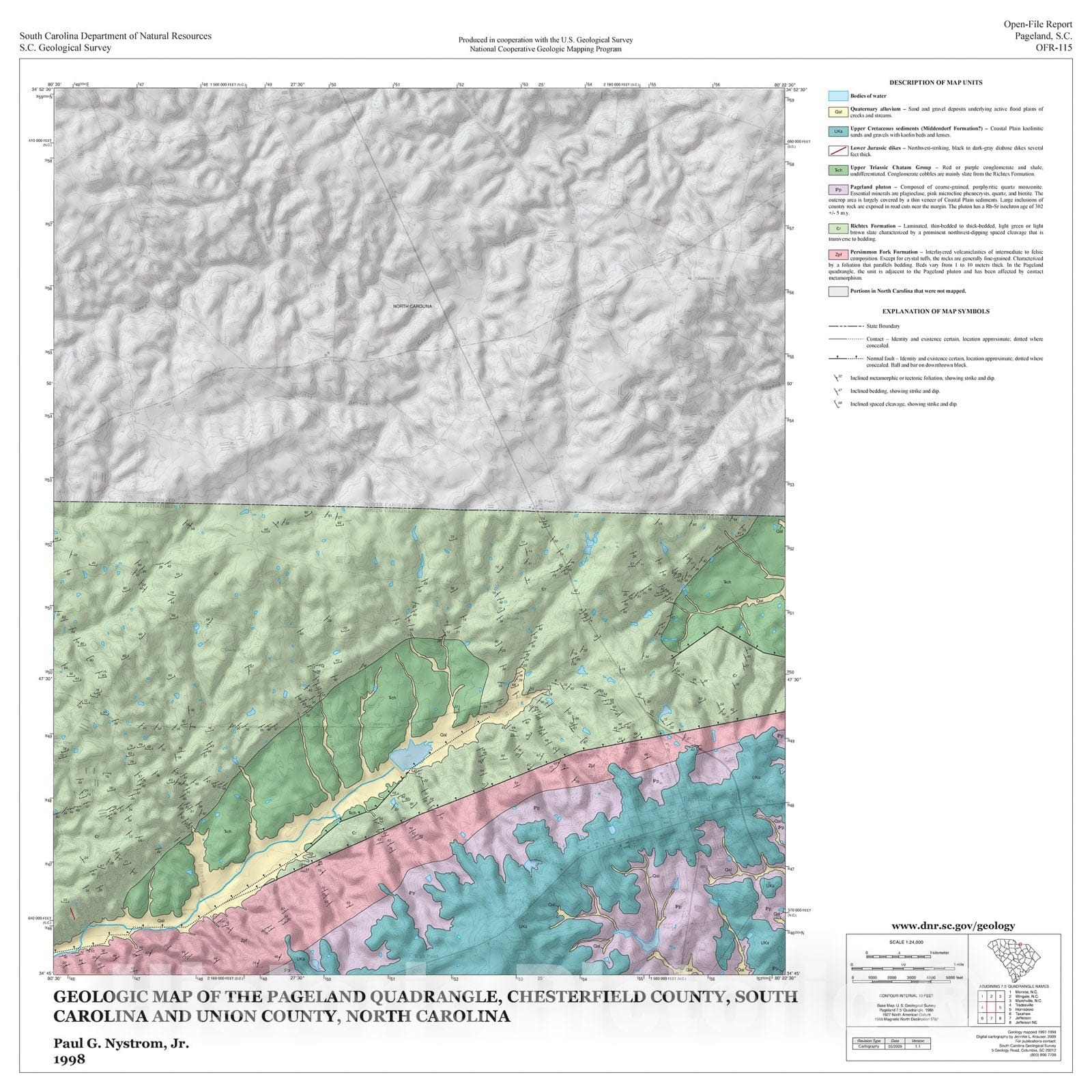 Map : Geologic map of the Pageland quadrangle, Chesterfield County, South Carolina and Union County, North Carolina, 1998 Cartography Wall Art :