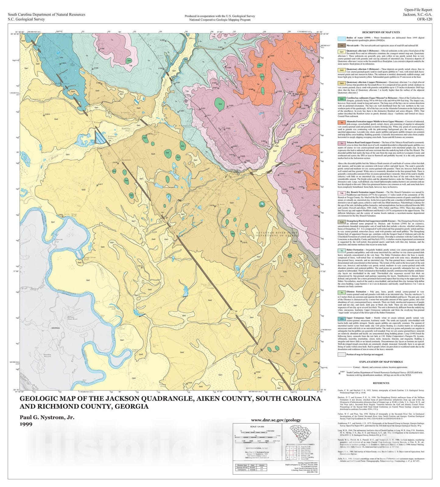 Map : Geologic map of the Jackson quadrangle, Aiken County, South Carolina and Richmond County, Georgia, 1999 Cartography Wall Art :