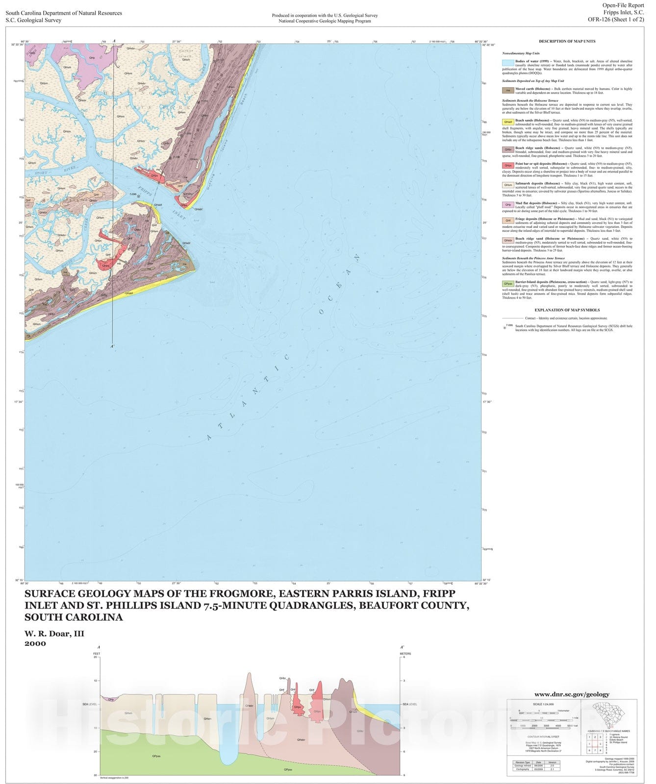 Map : Surface geology maps of the Frogmore, eastern Parris Island, Fripps Inlet, and St. Phillips 7.5-minute quadrangles, South Carolina, 2000 Cartography Wall Art :
