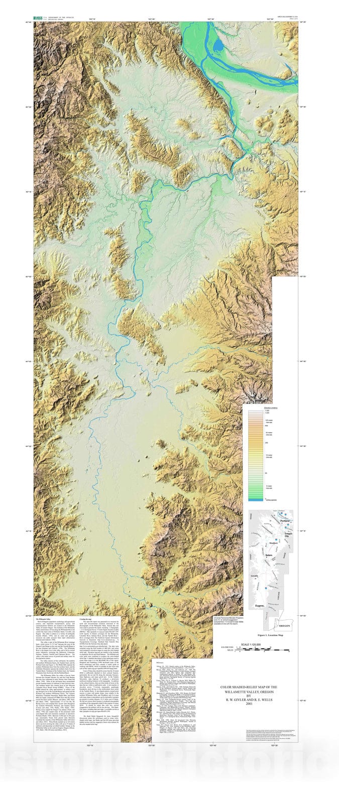 Map : Shaded-relief and color shaded-relief maps of Willamette Valley, Oregon, 2001 Cartography Wall Art :
