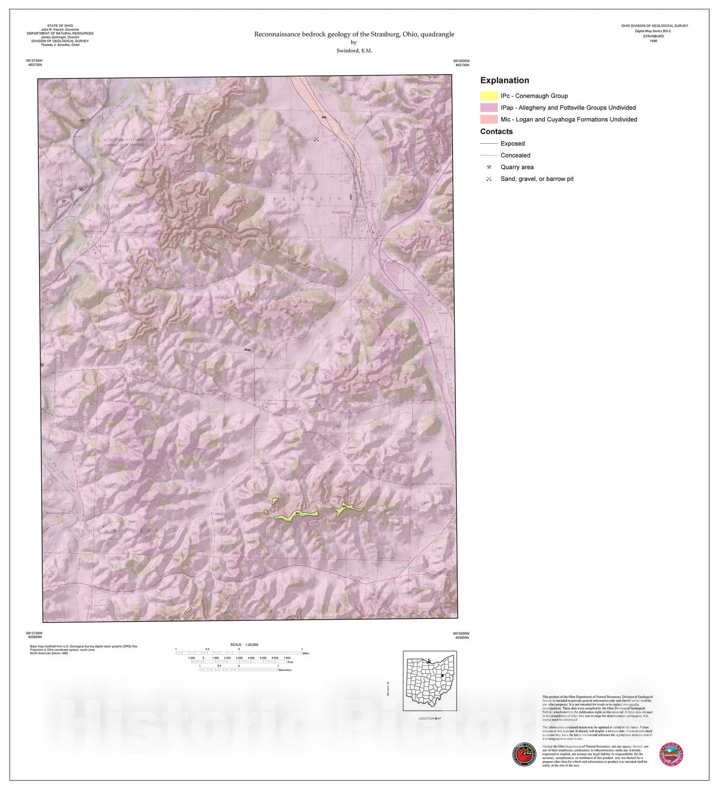 Map : Reconnaissance bedrock geology of the Strasburg, Ohio, quadrangle, 1996 Cartography Wall Art :