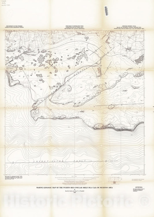 Map : Marine geologic map of the Puerto Rico insular shelf, Isla Caja de Muertos area, 1980 Cartography Wall Art :