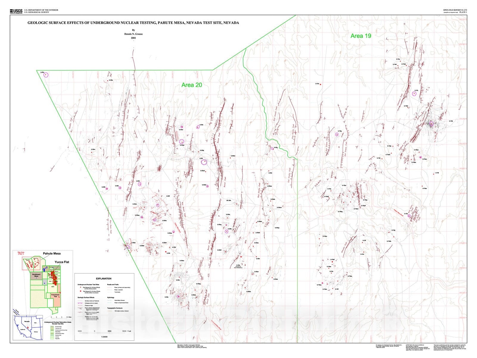 Map : GIS surface effects archive of underground nuclear detonations conducted at Yucca Flat and Pahute Mesa, Nevada Test Site, Nevada, 2001 Cartography Wall Art :