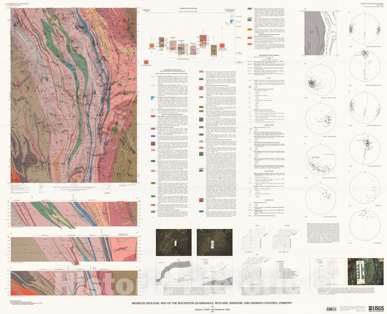 Map : Bedrock geologic map of the Rochester quadrangle, Rutland, Windsor, and Addison Counties, Vermont, 2001 Cartography Wall Art :