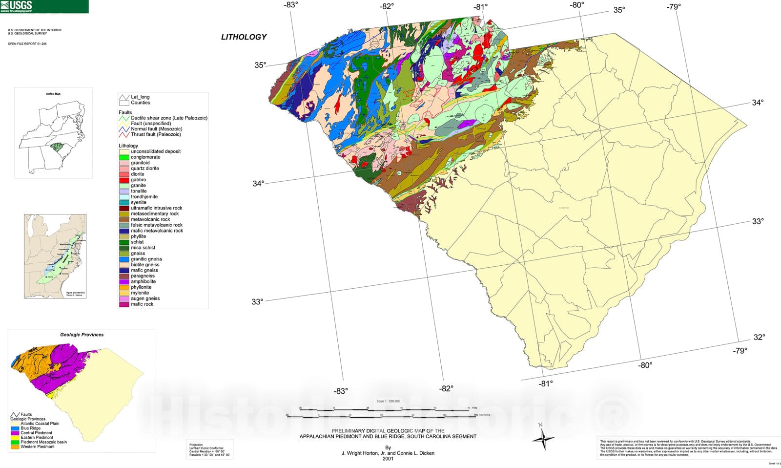 Map : Preliminary digital geologic map of the Appalachian Piedmont and Blue Ridge, South Carolina segment, 2001 Cartography Wall Art :
