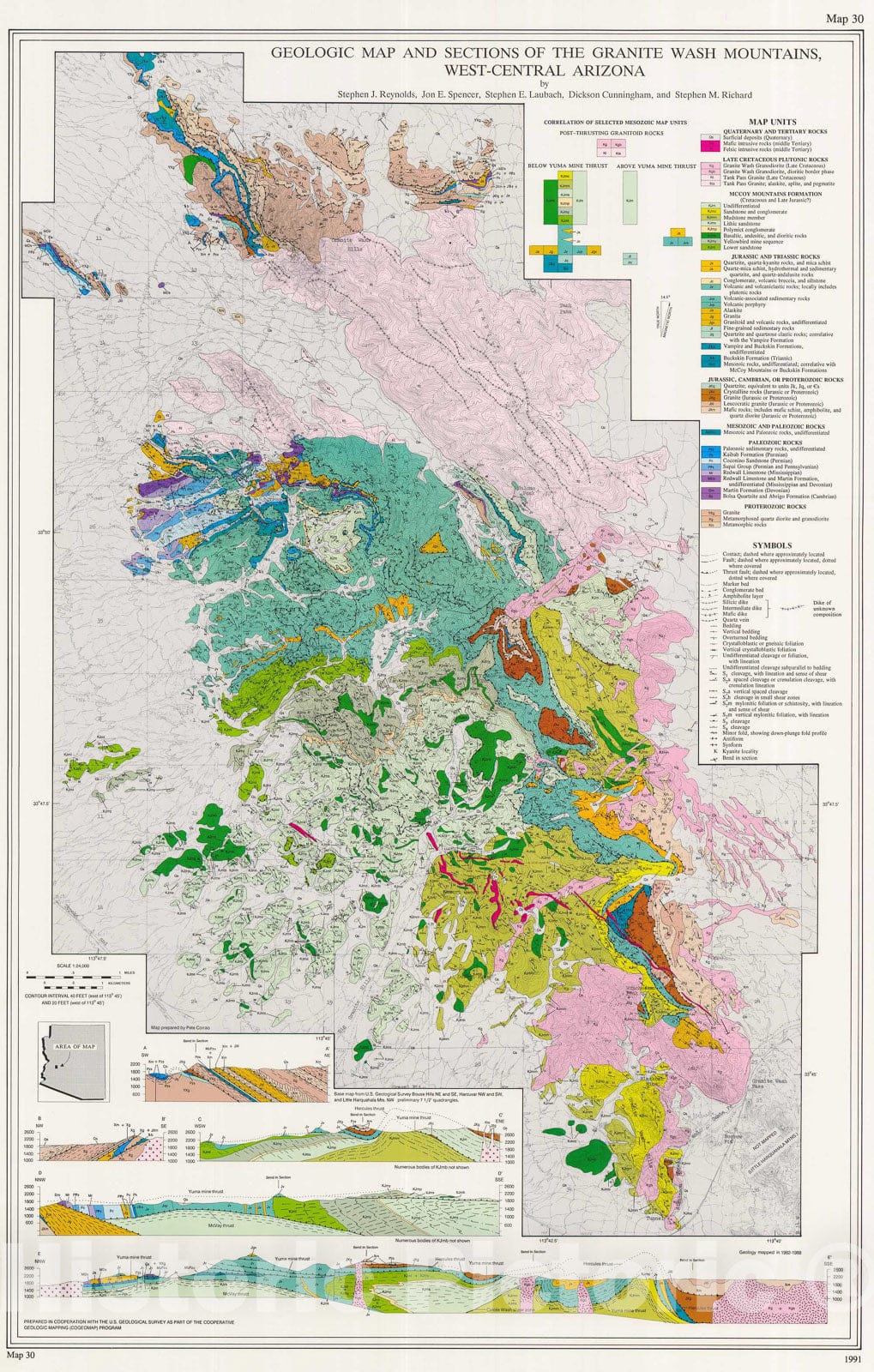 Map : Geologic map and sections of the Granite Wash Mountains, west-central Arizona, 1991 Cartography Wall Art :