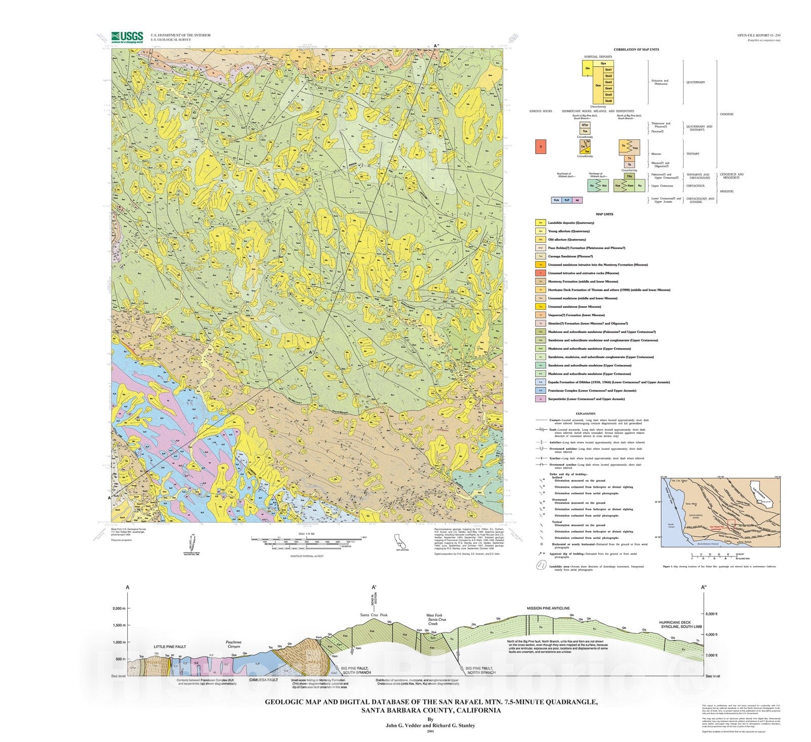 Map : Geologic map and digital database of the San Rafael Mtn. 7.5-minute quadrangle, Santa Barbara County, California, 2001 Cartography Wall Art :