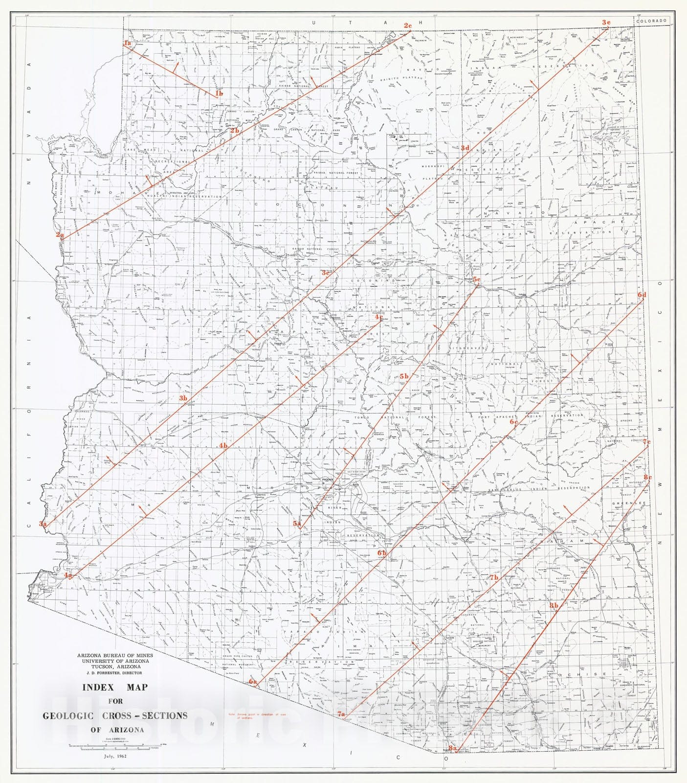 Map : Index map for geologic cross-sections of Arizona, 1962 Cartography Wall Art :