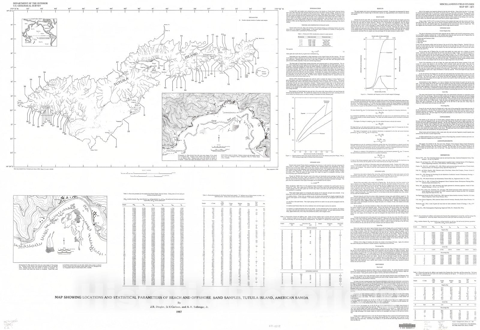 Map : Map showing locations and statistical parameters of beach and offshore sand samples, Tutuila Island, American Samoa, 1987 Cartography Wall Art :