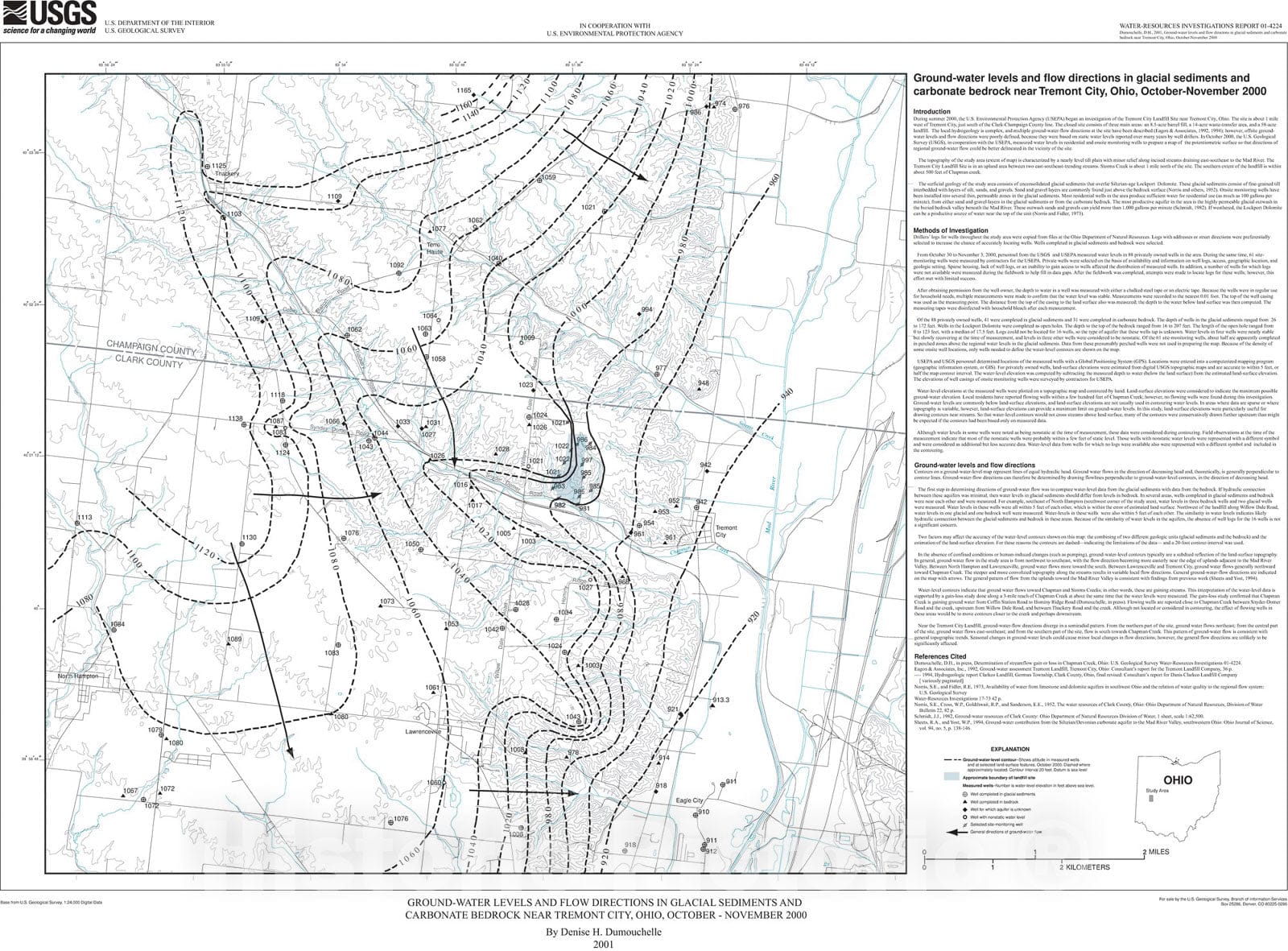 Map : Ground-water levels and flow directions in glacial sediments and carbonate bedrock near Tremont City, Ohio, October-November 2000, 2001 Cartography Wall Art :