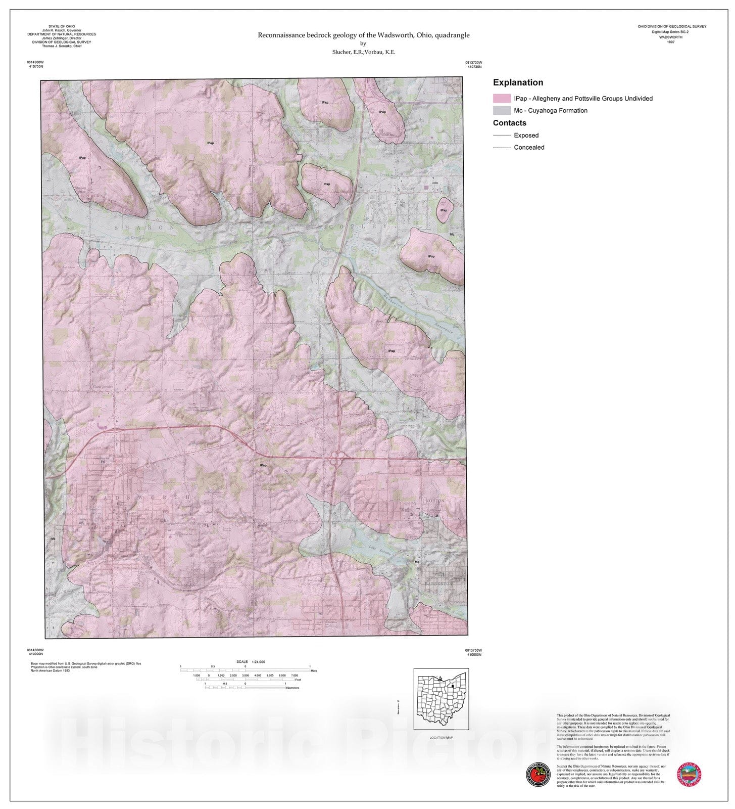 Map : Reconnaissance bedrock geology of the Wadsworth, Ohio, quadrangle, 1997 Cartography Wall Art :