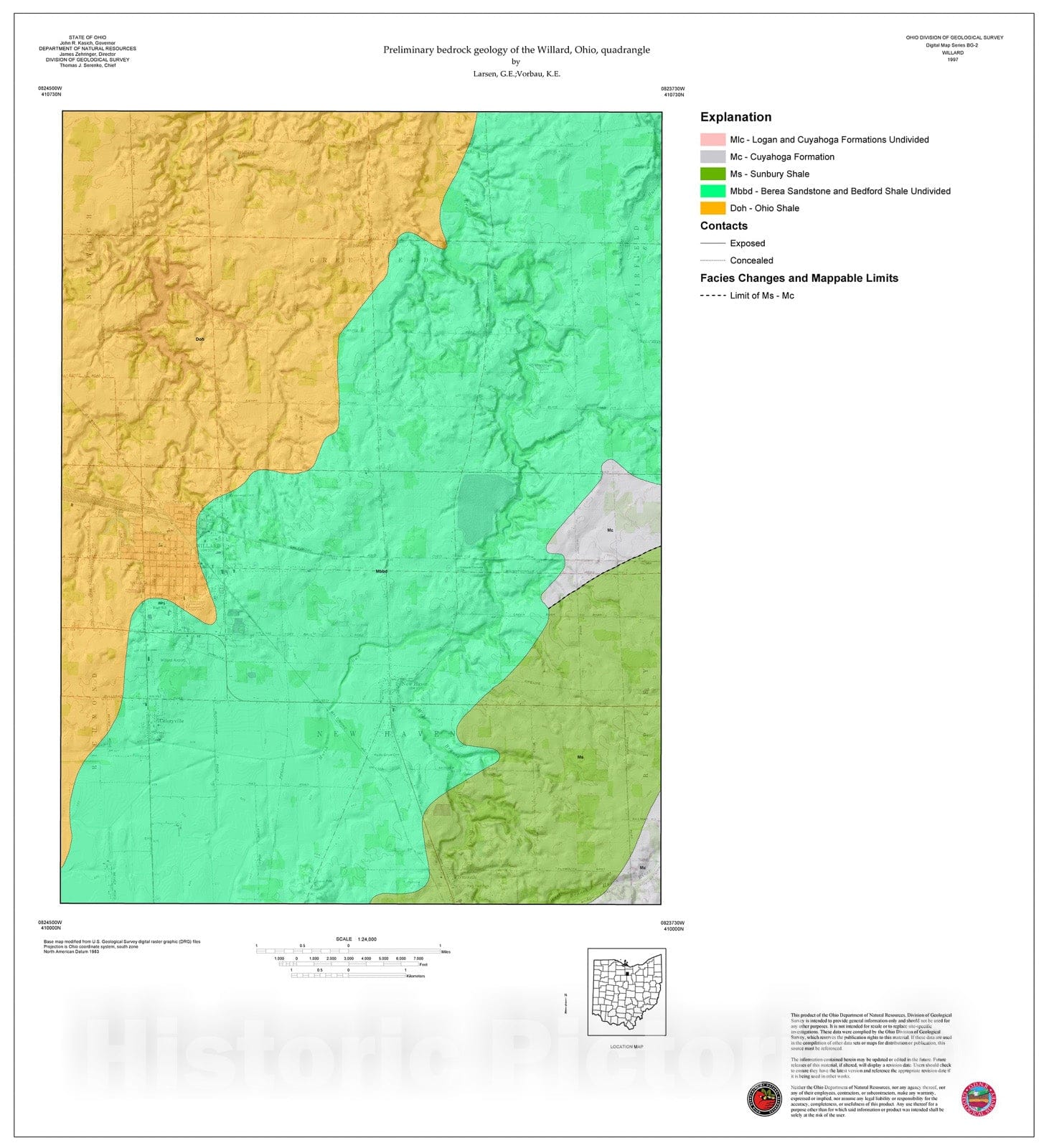 Map : Preliminary bedrock geology of the Willard, Ohio, quadrangle, 1997 Cartography Wall Art :
