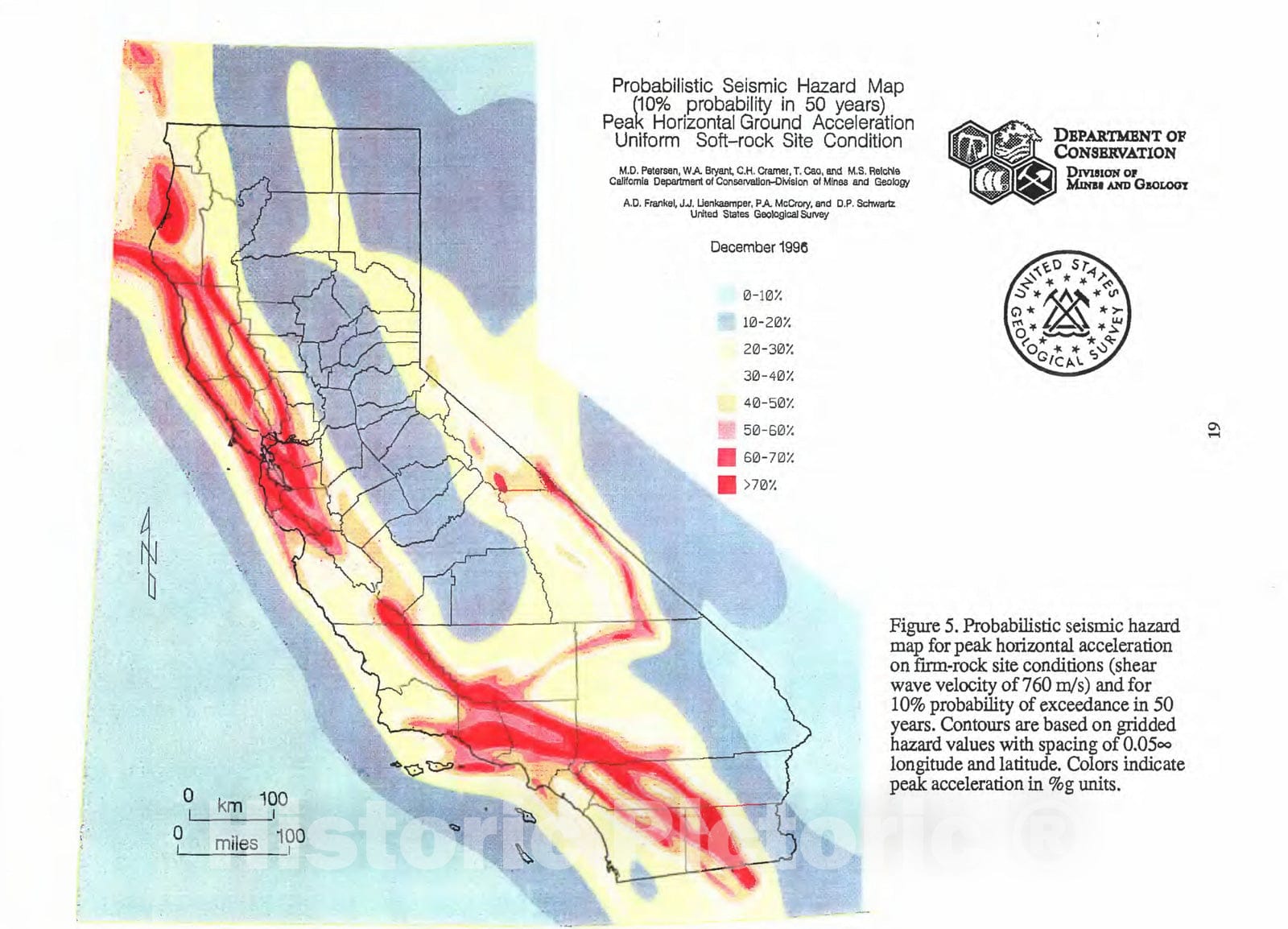 Map : Probabilistic seismic hazard hazard map (10% probability in fifty years), peak horizontal ground acceleration, uniform soft-rock site condition, 1996 Cartography Wall Art :