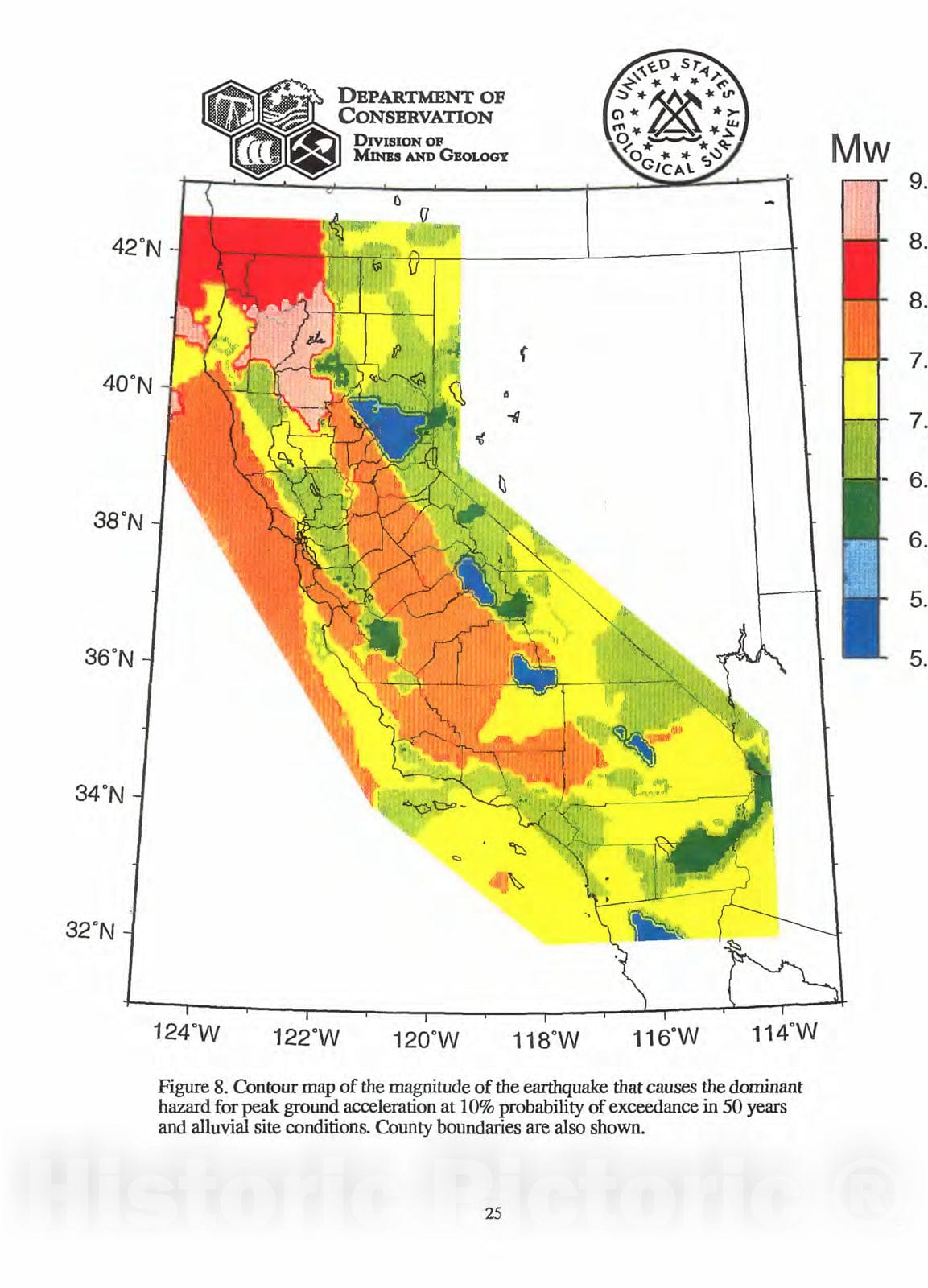 Map : Contour map of the magnitude of the earthquke that causes the dominant hazard for peak ground acceleration at 10% probability of e, 1996 Cartography Wall Art :