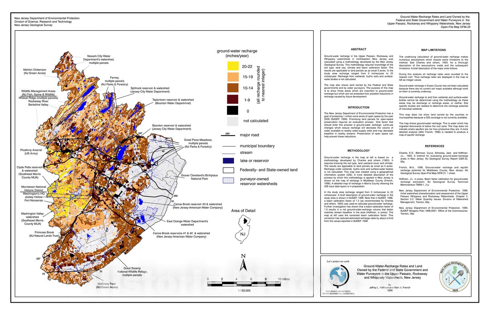 Map : Ground-Water-Recharge Rates and Land Owned by the Federal and state Government and Water Purveyors In the Upper Passaic, Rockaway,, 1999 Cartography Wall Art :