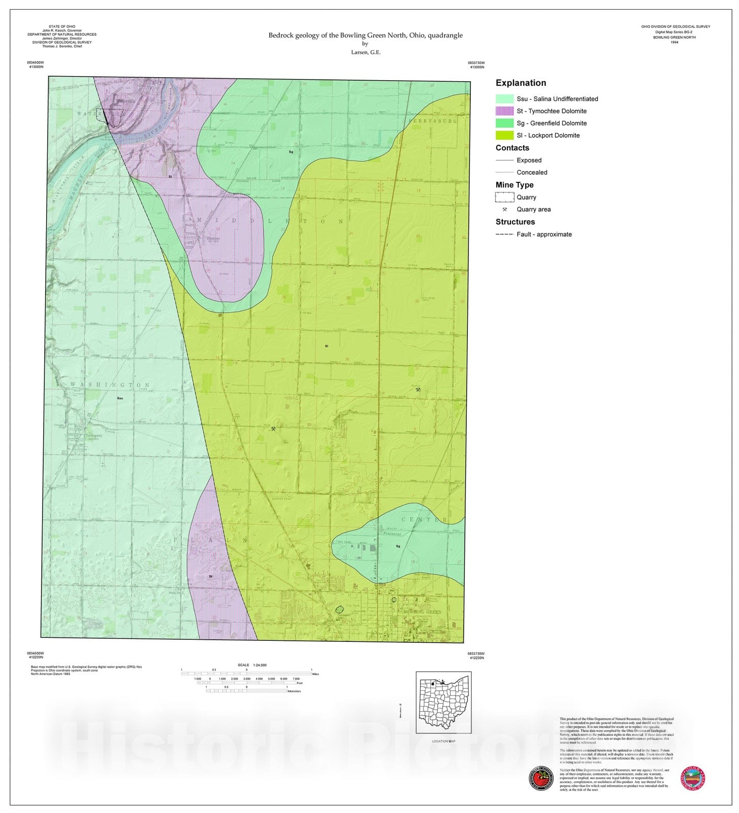 Map : Bedrock geology of the Bowling Green North, Ohio, quadrangle, 1994 Cartography Wall Art :