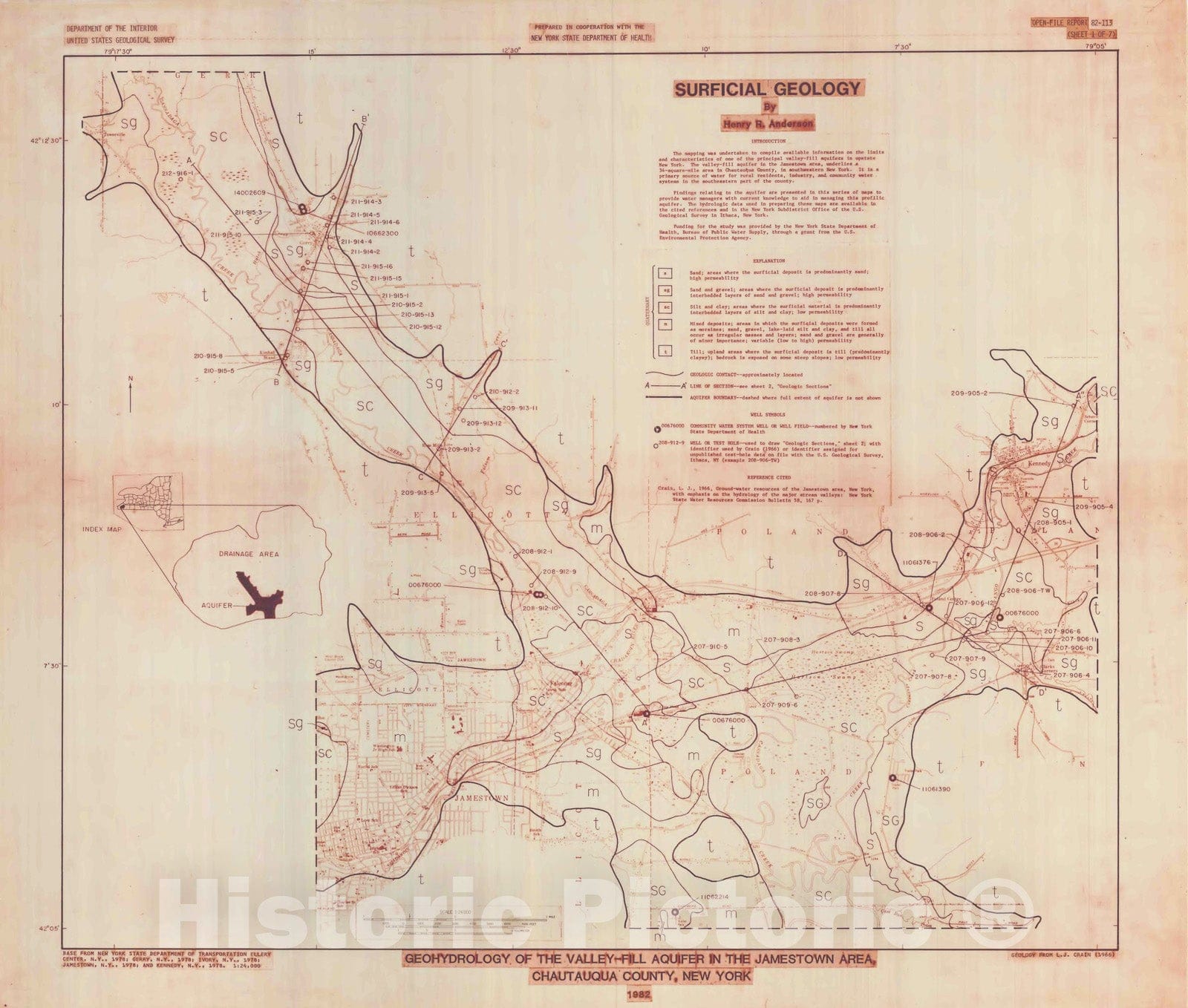 Map : Surficial Geologic Map of the Valley Regions, Jamestown Area, Chautauqua County, New York, 1982 Cartography Wall Art :