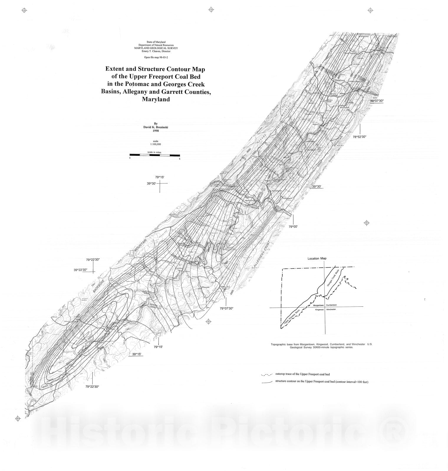 Map : Extent and structure contour map of the Upper Freeport coal bed in the Potomac and Georges Creek Basins, Allegany and Garrett Counties, 1998 Cartography Wall Art :